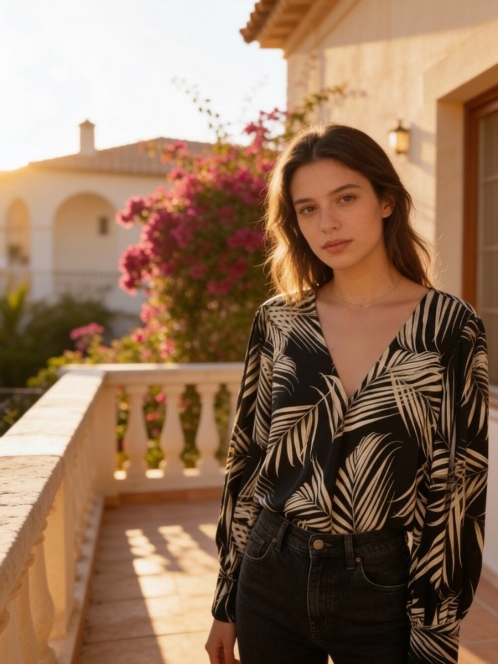 White House Black Market Black Blouse with Cream Accents
